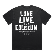 Load image into Gallery viewer, The Coliseum Tee By DOC from Oaklandish is a black t-shirt featuring bold, white text on the back that reads, "LONG LIVE THE COLISEUM" in large letters. Below that, in smaller text, it says, "Three Strikes You're Out!!!" alongside icons of a basketball, football, and Oakland pro baseball. This commemorative tee celebrates the legacy of the Oakland Coliseum.