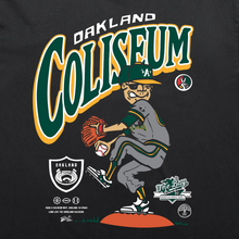 Load image into Gallery viewer, An illustrated baseball player in a gray uniform and green cap is depicted on a black background, mid-pitch. The text "Oakland Coliseum" is prominently displayed. Below, the commemorative T-shirt features various logos and the address "7000 Coliseum Way, Oakland, CA 94621." The Oakland pro baseball player stands on a baseball field. This stylish design is part of the Coliseum Tee collection by DOC from Oaklandish.