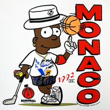 Load image into Gallery viewer, Sure! Here’s a rewritten version of your sentence using the provided product data: A cartoon boy in golf gear, gold chain, and a white hat spins a basketball on his finger on the Monaco Tee By Doc by By DOC. Large vertical red “MONACO” text stands out while a basketball, golf club, and bag rest at his feet. “1992” and “Basketball Golf Club” appear nearby. Part of The Bay Collection, this classic fit t-shirt is crafted from heavyweight cotton for comfort and style.